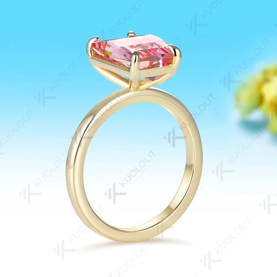 Kuololit 4.5CT Lab Grown Pink Sapphire Grid Unique Cutting Custom Ring for Women Solid 14K 10K 585 Yellow Gold for Christmas
