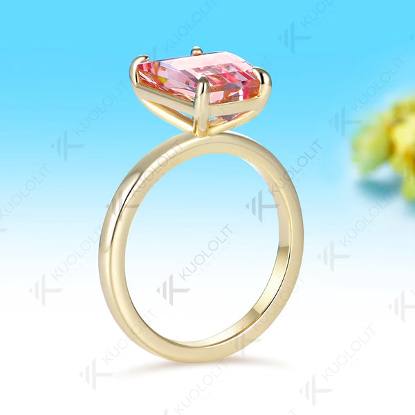 Kuololit 4.5CT Lab Grown Pink Sapphire Grid Unique Cutting Custom Ring for Women Solid 14K 10K 585 Yellow Gold for Christmas