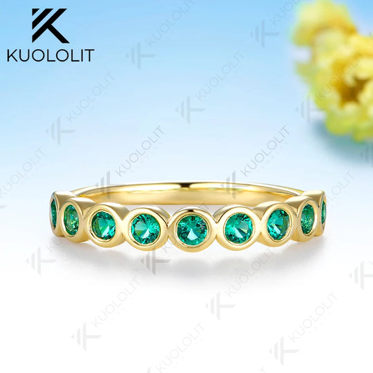 Kuololit Lab Grown Emerald Ring for Women Men Solid 14K 10K Yellow Gold Half Eternity Wedding Band for Christmas Engagement Gift