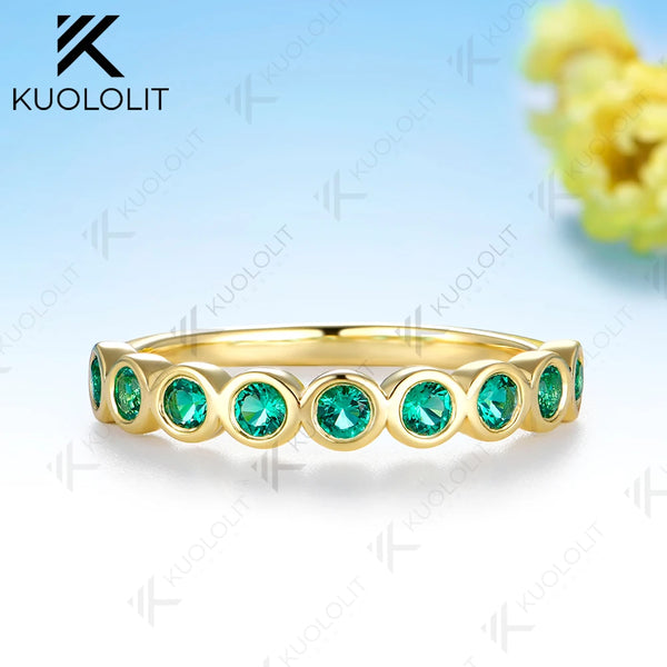 Kuololit Lab Grown Emerald Ring for Women Men Solid 14K 10K Yellow Gold Half Eternity Wedding Band for Christmas Engagement Gift