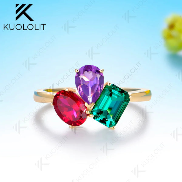 Kuololit 3CTW Lab Grown Emerald Ruby and Natural Amethyst Rings for Women Solid 14K 10K 585 Yellow Gold for Christmas Engagement