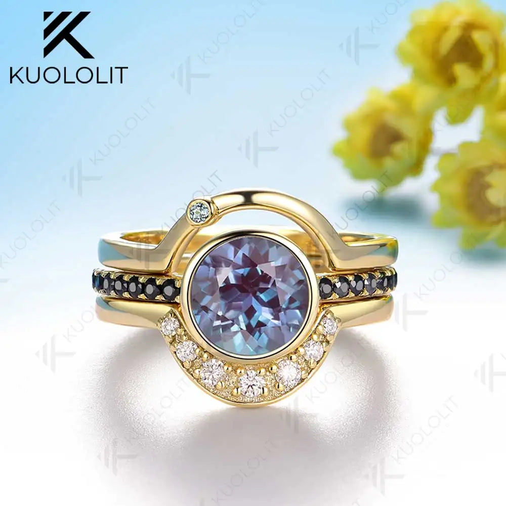 Kuololit 2CT Lab Grown Alexandrite with Moissanite Set Ring for Women Solid 14K 10K 585 Yellow Gold for Christmas Gifts Party