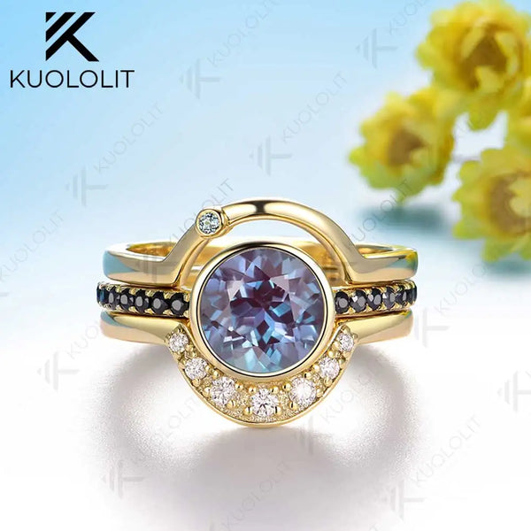 Kuololit 2CT Lab Grown Alexandrite with Moissanite Set Ring for Women Solid 14K 10K 585 Yellow Gold for Christmas Gifts Party