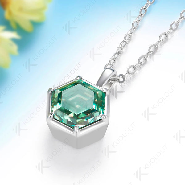 Kuololit 1.5CT Cyan Moissanite Hexagon Necklace for Women Solid 585 14K 10K Yellow Gold Ring for Engagement Christmas GiftsParty