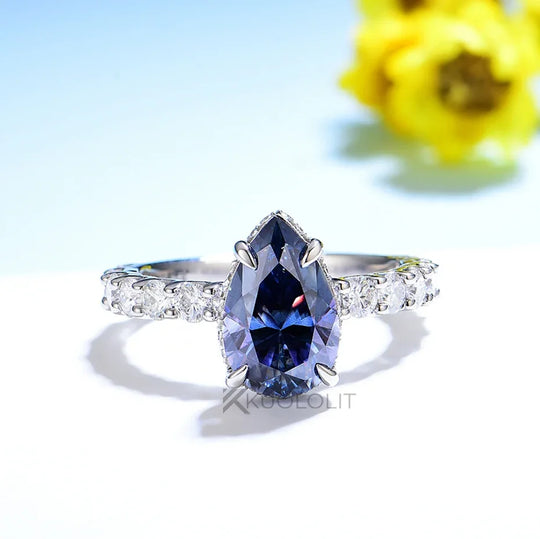 Kuololit 3CT Blue Moissanite Ring for Women Solid 18K White Gold Origanal Blue Color Pear Cut E W Ring for Engagement Christmas