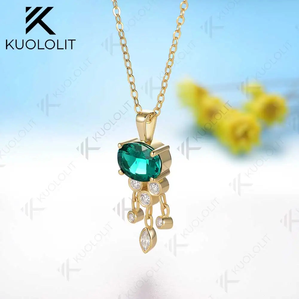 Kuololit 3CT Lab Grown Emerald with Moissanite Necklace for Women Solid 18K 14K 10K 585 Yellow Gold Oval Pendant for Christmas