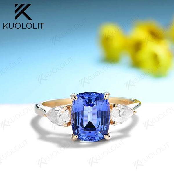 Kuololit 3CT Cushion Lab Grown Blue Sapphire Rings for Women Moissanite Solid 14K 10K 585 Gold for Engagement Wedding Christmas