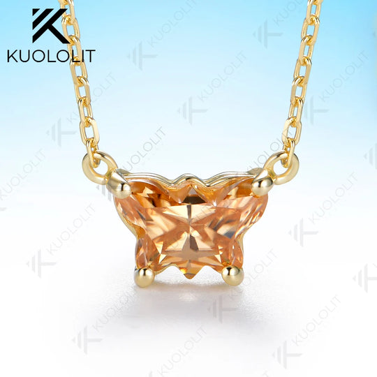 Kuololit 2CT Butterfly Champagne Moissanite Necklace for Women Solid 14K 10K Yellow Gold Animal Pedant for Christmas Party Gifts
