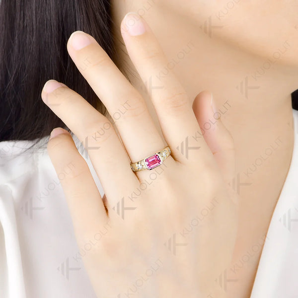 Kuololit 1CT Lab Grown Pink Sapphire Custom Ring for Women Solid 14K 10K 585 Yellow Gold Engagement Ring for Christmas Gifts