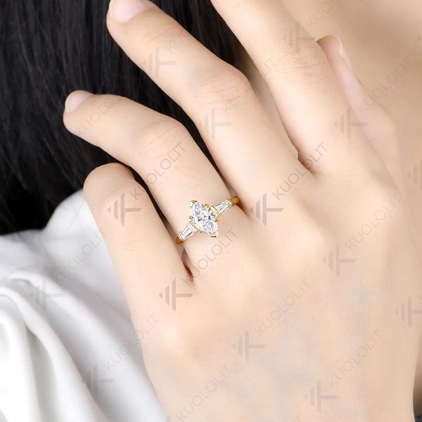 Kuololit 1CT Moissanite Marquise Custom Ring for Women Solid 14K 10K Yellow Gold Ring for Anniversary Christmas Gifts Party