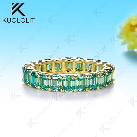 Kuololit 6.6CTW Cyan Moissanite Custom Ring for Women Solid 14K 10K 585 Yellow Gold Full Eternity Wedding Band for Christmas