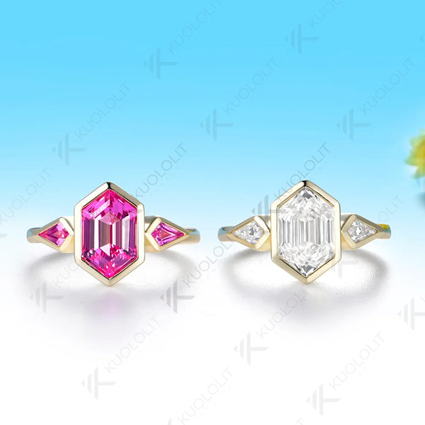 Kuololit 3.5CT Hexagon Cut Custom Ring for Women Solid 14K 10K 585 Yellow Gold Engagement Ring for Christmas Gifts Party