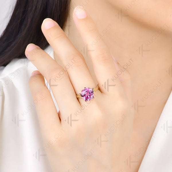 Kuololit 5CT Lab Grown Pink Sapphire Custom Ring for Women Solid 14K 10K 585 Yellow Gold Sakura Cut for Christmas Gift Party