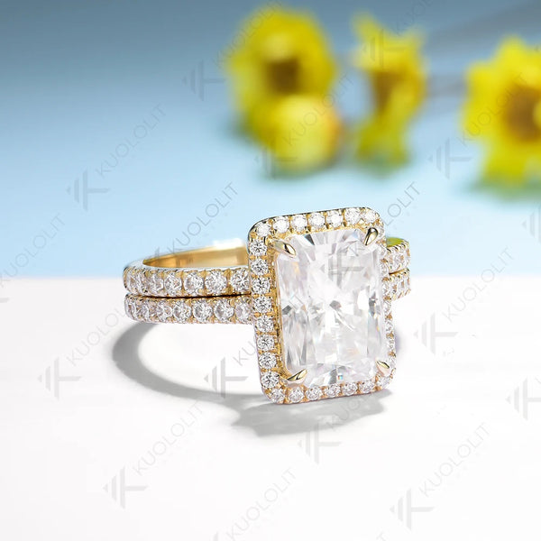 Kuololit 3.5CT Radiant Cut Moissanite Set Ring for Women Solid 18K 14K 10K 585 Yellow Gold Band for Engagement Wedding Christmas