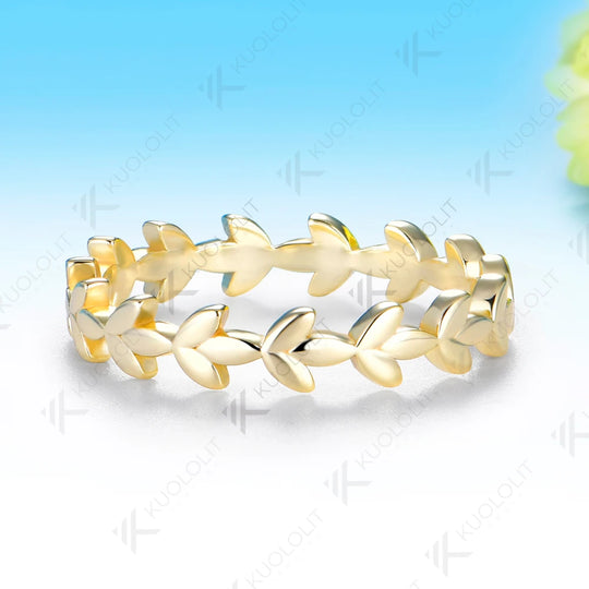 Kuololit Leaf Bare Ring for Women Solid 585 14K 10K Gold Clover Wedding Band Ring for Anniversary Engagement Gifts Party Christmas Jewelry Simple