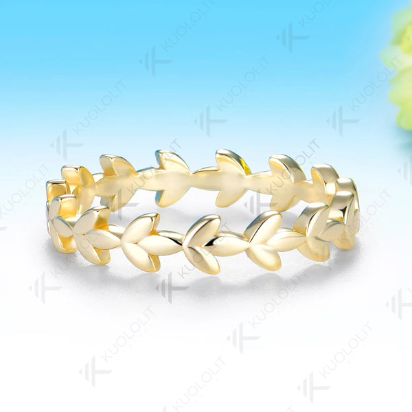 Kuololit Leaf Bare Ring for Women Solid 585 14K 10K Gold Clover Wedding Band Ring for Anniversary Engagement Gifts Party Christmas Jewelry Simple