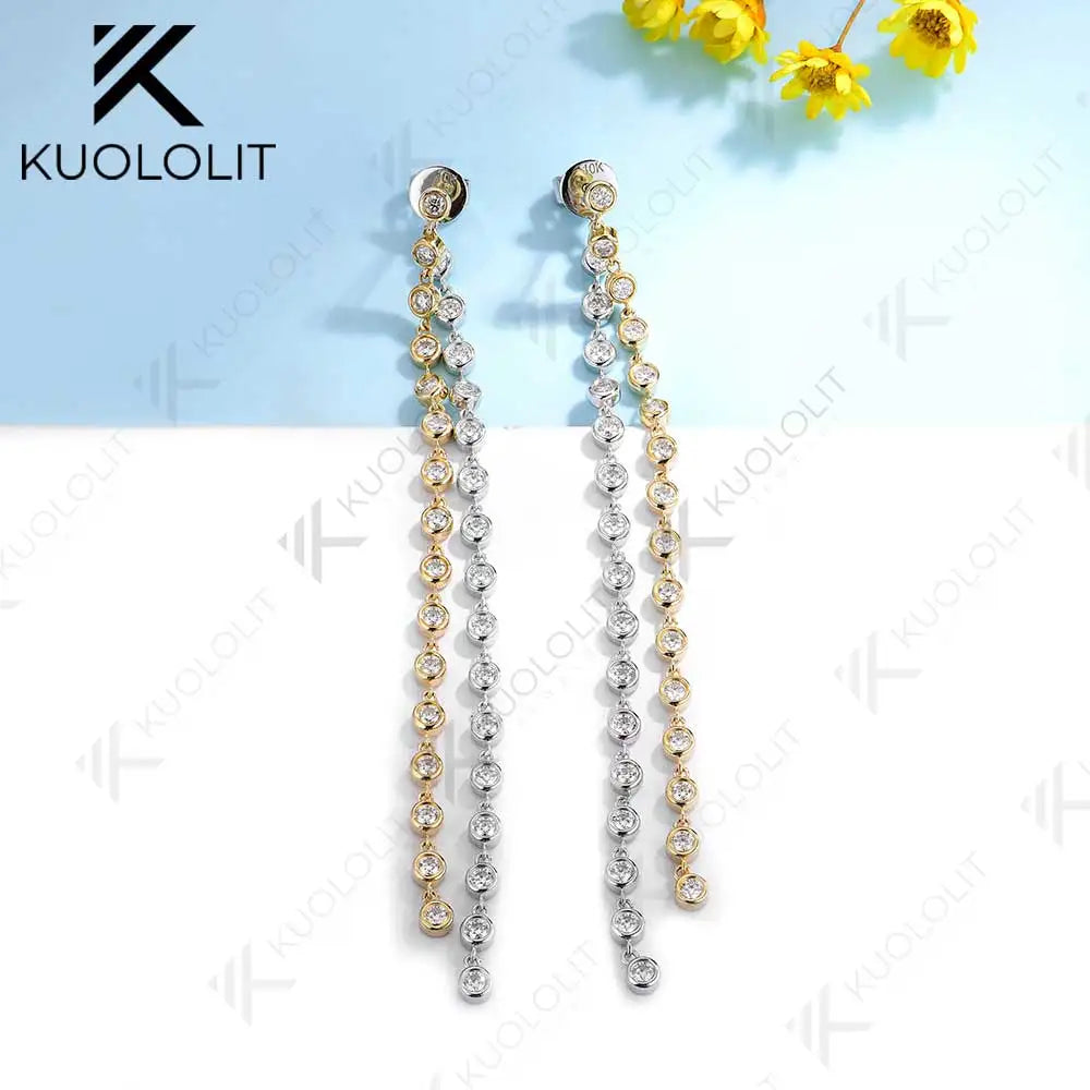 Kuololit 2CTW Moissanite Long Stud Earrings for Women Two Tone Solid 10K Gold for Yellow and White Gold for Christmas Gifts