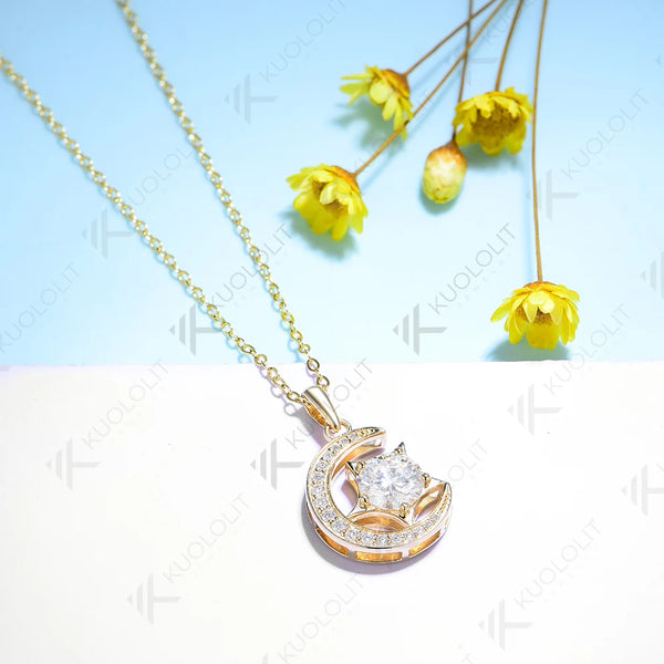 Kuololit IGI 1.2CT Moon Star Lab Grown Diamond Necklace for Women Solid 10K 14K Gold Diamond Pendant for Engagement Christmas