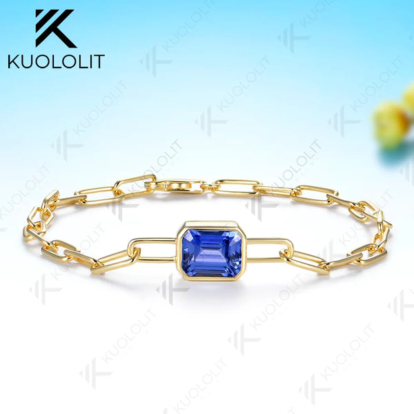 Kuololit 3.6CTW Lab Grown Sapphire Bracelet for Women Solid 14K 10K Yellow Gold Emerald Cut for Christmas Party Luxury Gifts