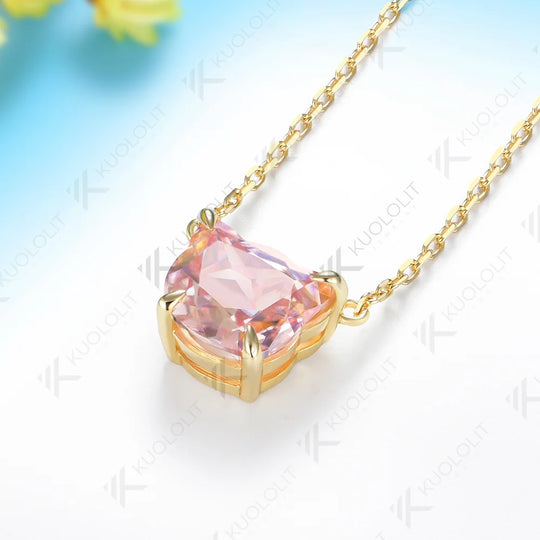 Kuololit 3.2CT Pink Moissanite Cat Necklace for Women Solid 585 14K 10K Yellow Gold Custom Necklace for Christmas Anniversary