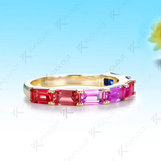 Kuololit Lab Grown Sapphire Gemstone Colorful Custom Ring for Women Solid 14K 10K  Yellow Gold Eternity Half Band for Christmas
