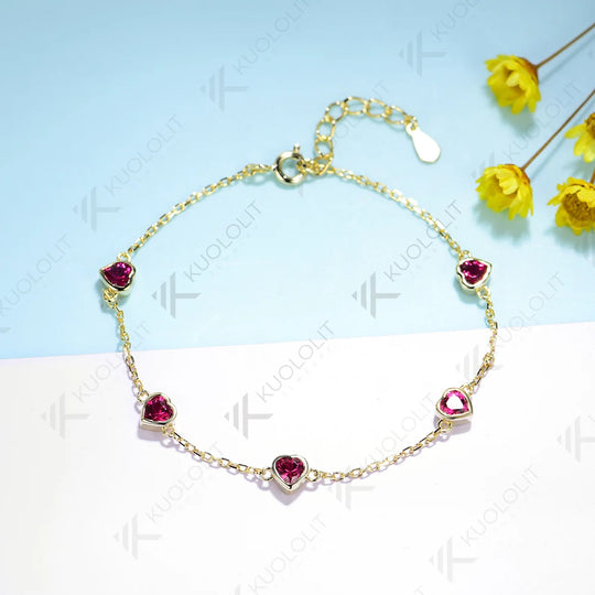 Kuololit 1.5CTW Lab Grown Ruby Bracelet for Women Solid 18K 14K 10K 585 Yellow Gold  Heart Cut Bracelet for Christmas Gifts