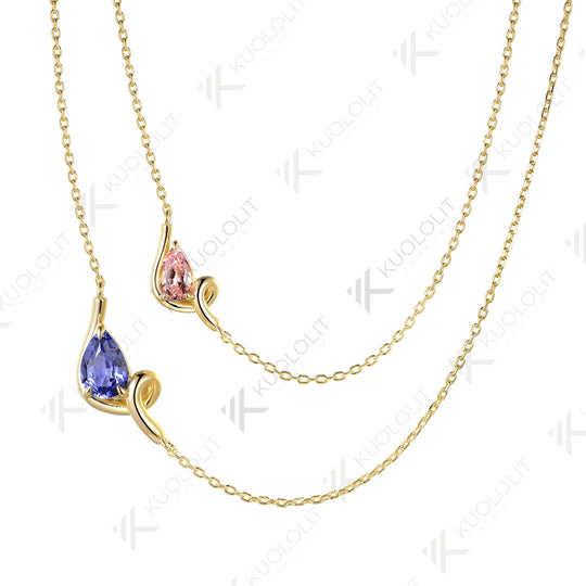 Kuololit 3CTW Lab Grown Blue Pink Sapphire Necklace for Women Solid 14K 10K 585 Yellow Gold Pear Necklace for Christmas Gifts