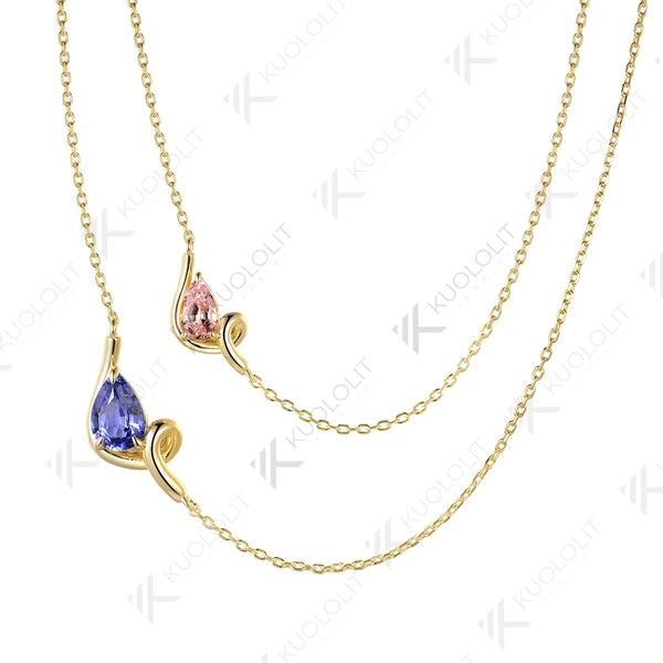 Kuololit 3CTW Lab Grown Blue Pink Sapphire Necklace for Women Solid 14K 10K 585 Yellow Gold Pear Necklace for Christmas Gifts