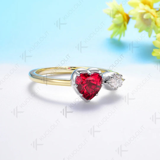 Kuololit 1.3CTW Lab Grown Ruby Moissanite Ring for Women Solid 18K 14K 10K Gold Two Tone Ring for Anniversary Engagement Gifts