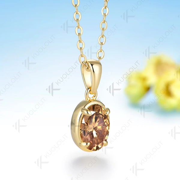 Kuololit 1.8CT Champagne Moissanite Necklace for Women Solid 14K 10K Yellow Gold Oval Cut Necklace for Engagement Christmas Gift