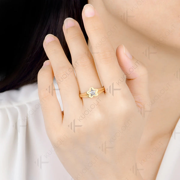 Kuololit 1CT Star Moissanite Ring for Women Solid 14K 10K 585 Yellow Gold Engagement 5 Star Ring for Christmas Gifts Party New