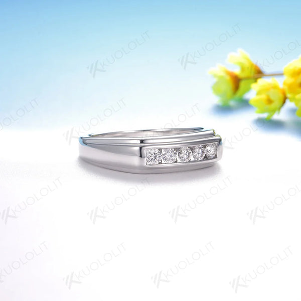 Kuololit 0.4CTW Moissanite Band for Men Women Solid 18K 14K 10K Gold Round Cut Brushed Ring for Anniversary Engagement Gifts