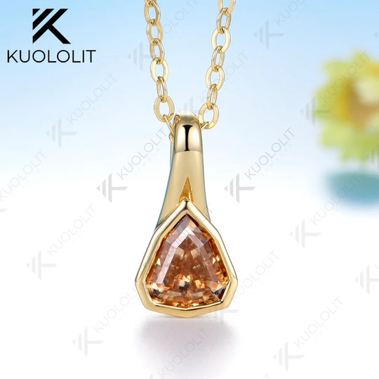 Kuololit 1CT Champagne Moissanite Necklace for Women Solid 14K 10K Yellow Gold Shield Cut Necklace for Engagement Christmas Gift