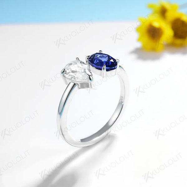 Kuololit 2CTW Pear Moissanite Lab Blue Sapphire Rings for Women Solid 18K 14K Yellow Gold Gemstone Ring for Engagement Christmas