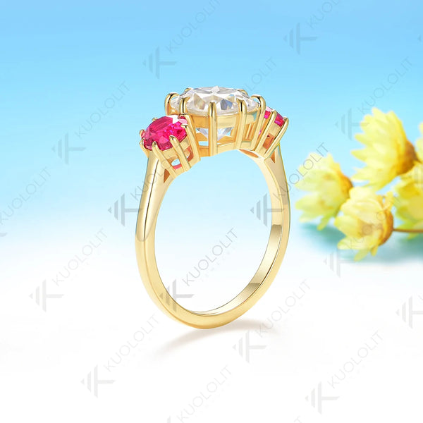 Kuololit 2.5CT OMC Cut Moissanite Lab Grown Ruby Ring for Women Soild 10K 14K Yellow Gold for Christmas Anniversary Engagement