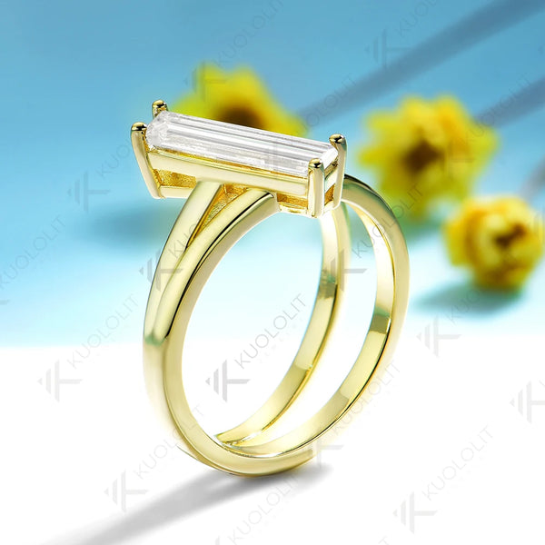 Kuololit 1CT Long Emerald Cut Mossanite D/VS1 Rings for Women Solid 14K 10K Gold Wedding Band for Anniversary Christmas Gift