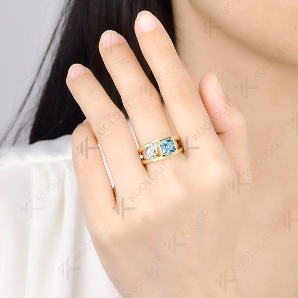 Kuololit Cyan Moissanite Pear Asscher Cut Custom Set Ring for Women Solid 14K 10K 585 Yellow Gold for Christmas Gift Anniversary