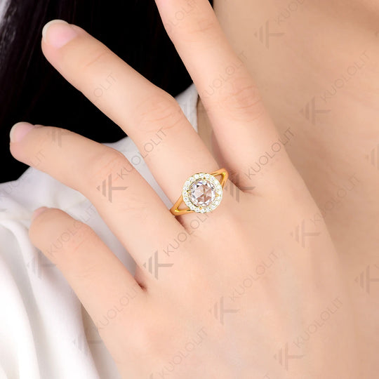 Kuololit 2CT Rose Cut Round Moissanite Ring for Women Solid 14K 10K 585 Yellow Gold Engagement Ring for Anniversary Christmas