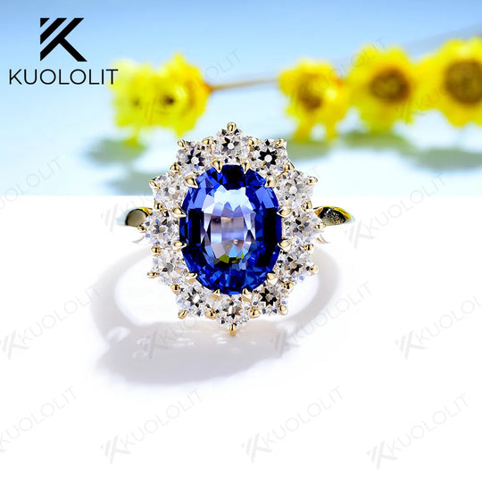 Kuololit Princess Diana 3CT Sapphire Moissanite Ring for Women Solid 14K Yellow Gold Lab-Grown Sapphire for Memory Engagement