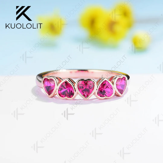 Kuololit 2.3CTW Lab Grown Ruby Heart Cut Band Ring for Women Solid10K 14K 18K Rose Gold Gemstone Ring for Wedding Christmas Gift