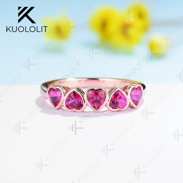 Kuololit 2.3CTW Lab Grown Ruby Heart Cut Band Ring for Women Solid10K 14K 18K Rose Gold Gemstone Ring for Wedding Christmas Gift