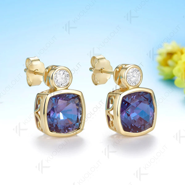 Kuololit 5.4CTW Lab Grown Alexandrite Moissanite Stud  Earrings for Women Solid 14K 10K 585 Yellow Gold Earring for Christmas