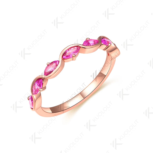 Kuololit 0.7CTW Lab Grown Pink Sapphire Marquise Ring for Women Solid 14K 10K 585 Rose Gold Wedding Band for Christmas Gifts
