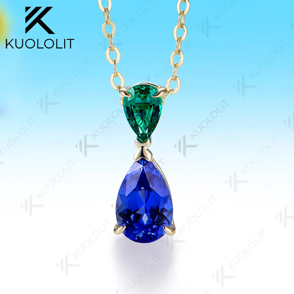 Kuololit 2CTW Lab Grown Emerald Sapphire Necklace for Women Solid 14K 10K Yellow Gold Custom Necklace for Christmas Anniversary