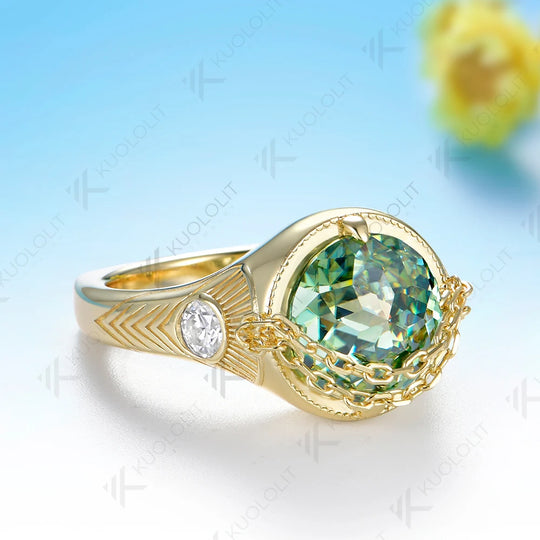 Kuololit 4CT Cyan Moissanite Jubilee Cut Custom Ring for Women Solid 14K 10K 585 Gold Engagement Chain Ring for Christmas Gifts