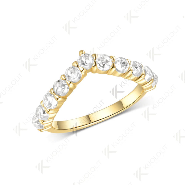 Kuololit 1.1CTW Rose Cut Moissanite V Ring for Women Solid 585 14K 10K Gold Wedding Band Ring for Anniversary Gifts Christmas