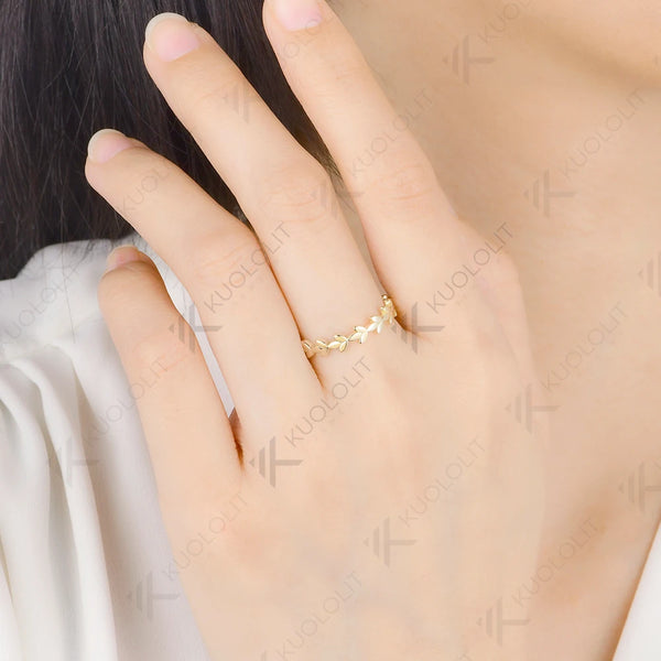 Kuololit Leaf Bare Ring for Women Solid 585 14K 10K Gold Clover Wedding Band Ring for Anniversary Engagement Gifts Party Christmas Jewelry Simple