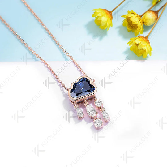 Kuololit 2ct Blue Cloudy Moissanite  Necklace for Women Solid 18K 14k Gold Diamond Blue Rainny Necklace for Wedding Christmas