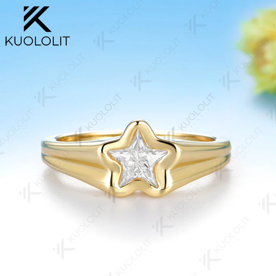 Kuololit 1CT Star Moissanite Ring for Women Solid 14K 10K 585 Yellow Gold Engagement 5 Star Ring for Christmas Gifts Party New