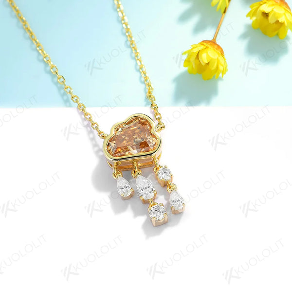 Kuololit 2CT Champagne Cyan Cloudy Moissanite Necklace for Women Solid 14K 10K 585 Rose Gold Wedding Necklace for Christmas Gift